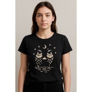 John Galt Brandy Melville‎ Black Tee Embroidered Stars Moon Crying Boho Face OS